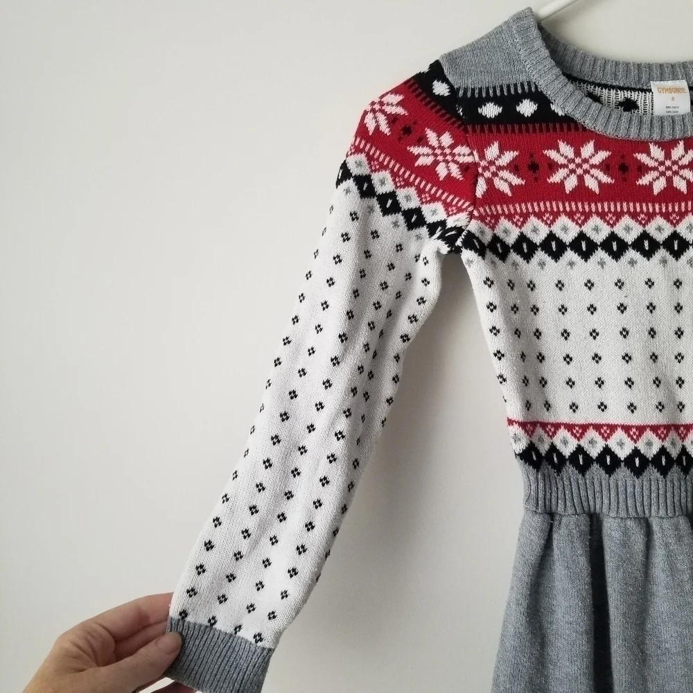 Gymboree Long Sleeve Fair Isle Sweater Dress Gray/White/Red Size 8